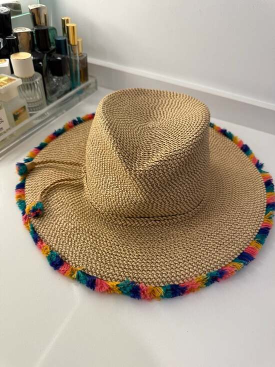 Eric Javits Accessories - Eric Javits Straw Fedora Hat with Multicolor Pom Pom Trim